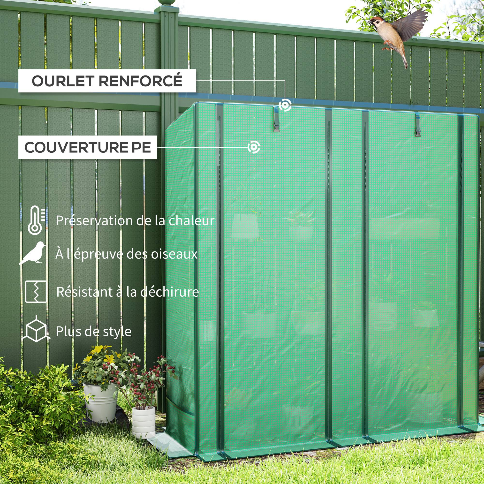 Serre de jardin avec étagères métalliques à 3 niveaux serre de balcon couverture PE toit incliné 144 x 48 x 152 cm vert - Image 6