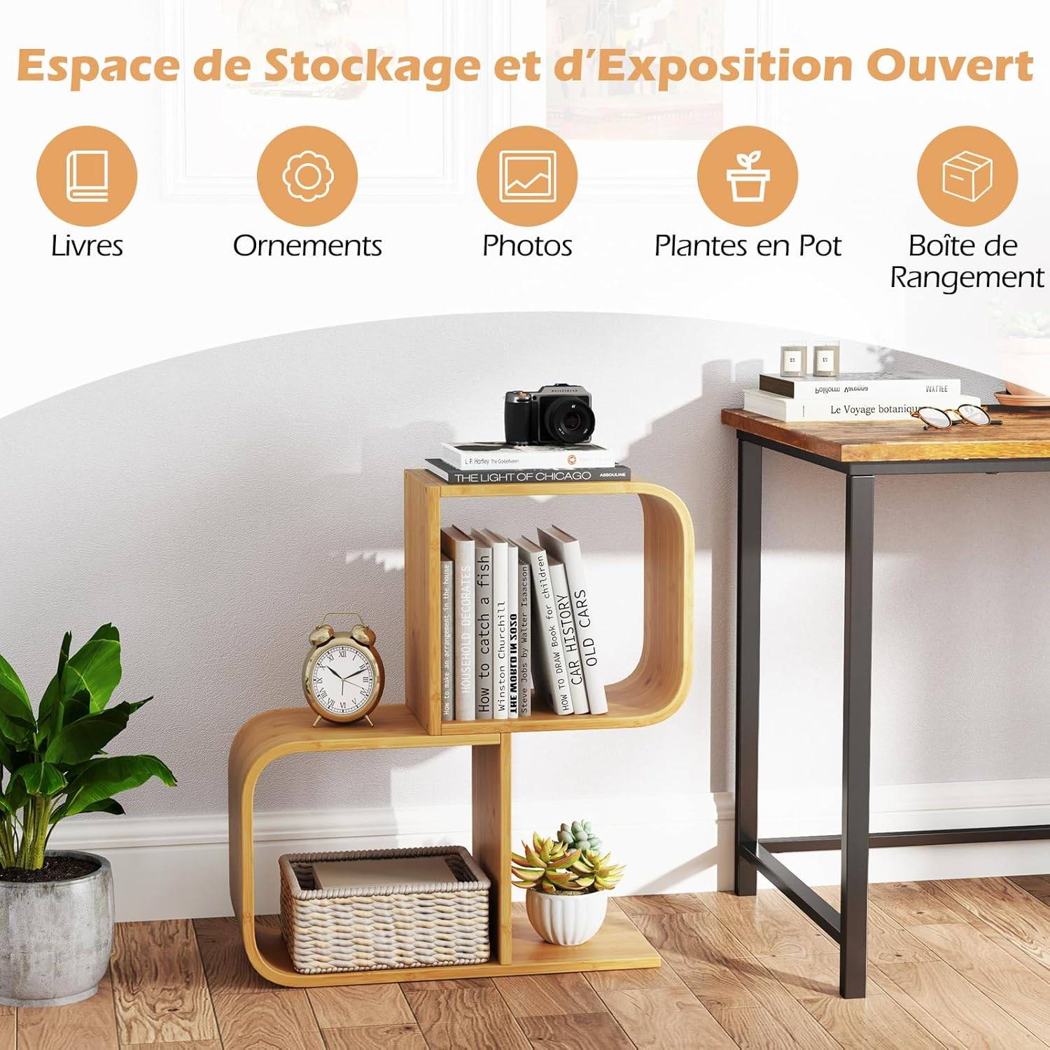 Costway - Table d'appoint en bois d'ingénierie blanc - Forme 'S' avec 2 casiers ouverts - Design