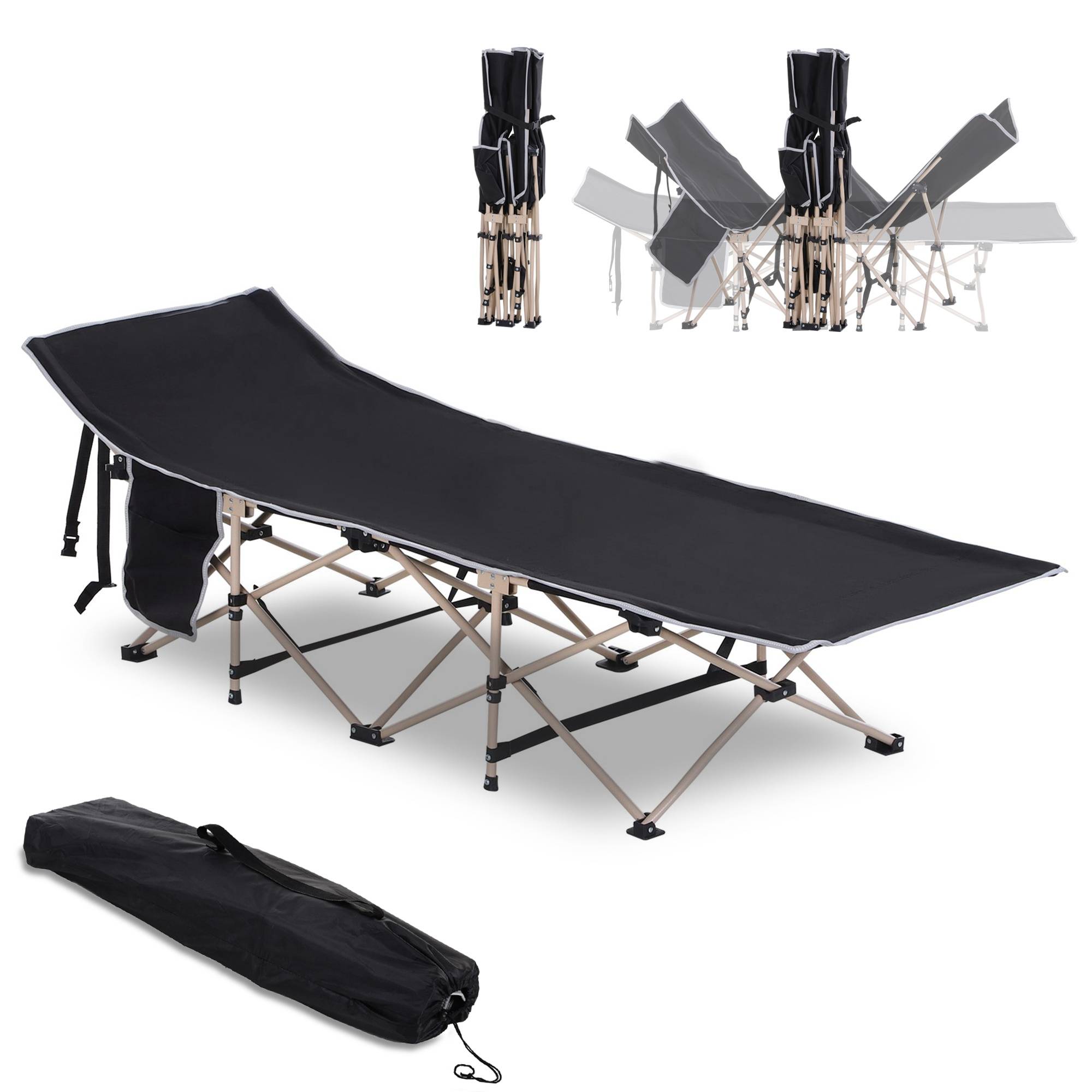 Lit de camp avec 1 poche latérale, sac de transport et cadre en acier, capacité de charge 150 kg, 190 x 68 x 52 cm, noir - Image 1