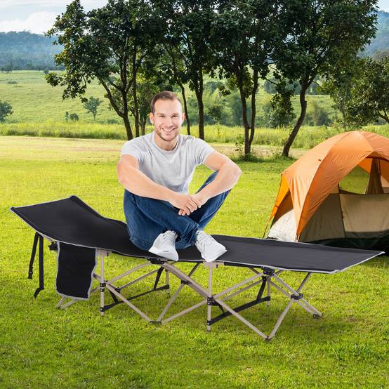 Lit de camp avec 1 poche latérale, sac de transport et cadre en acier, capacité de charge 150 kg, 190 x 68 x 52 cm, noir - Image 4
