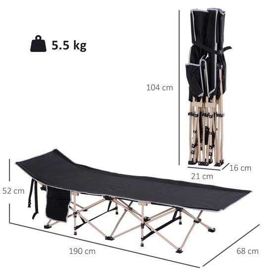 Lit de camp avec 1 poche latérale, sac de transport et cadre en acier, capacité de charge 150 kg, 190 x 68 x 52 cm, noir - Image 5