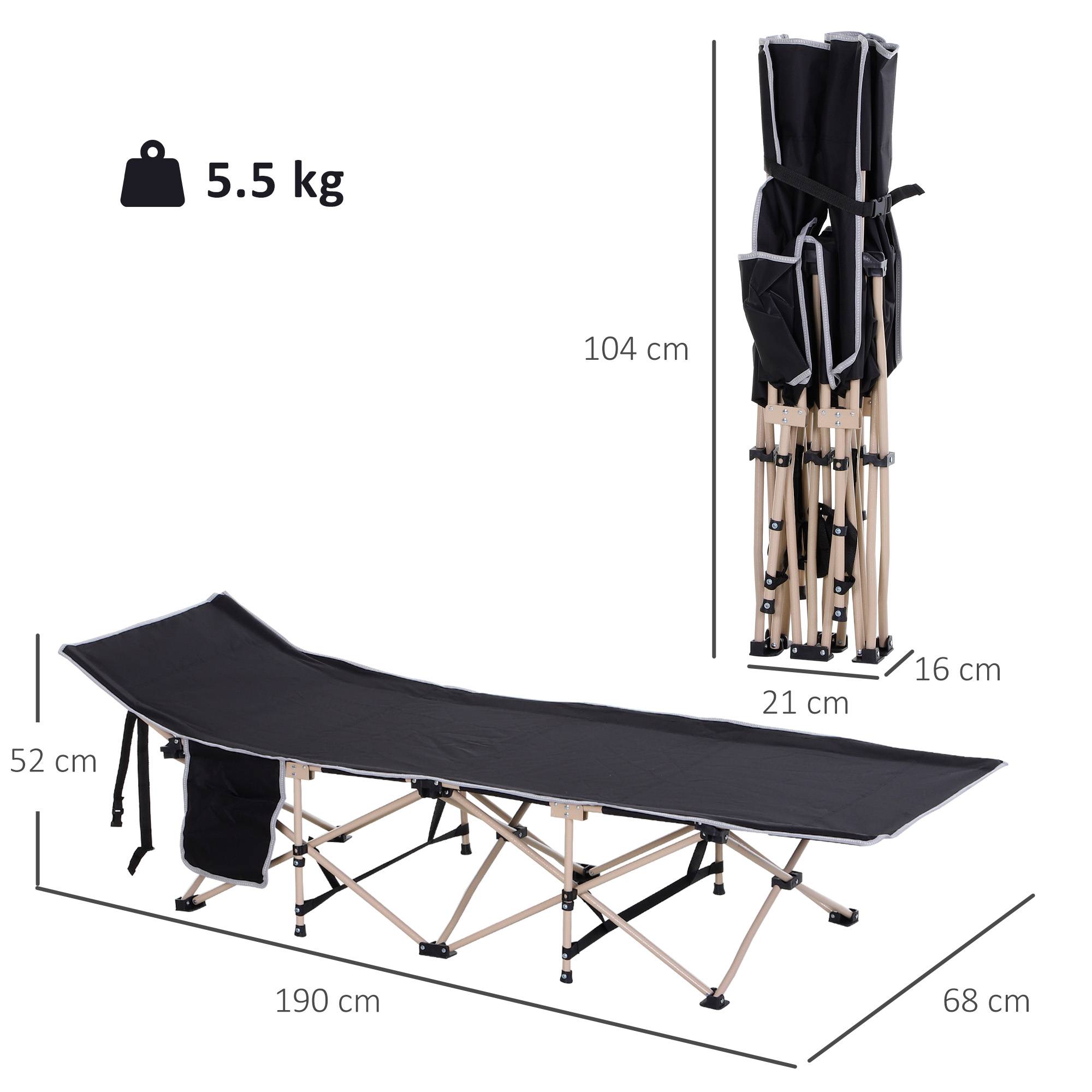 Lit de camp avec 1 poche latérale, sac de transport et cadre en acier, capacité de charge 150 kg, 190 x 68 x 52 cm, noir - Image 5