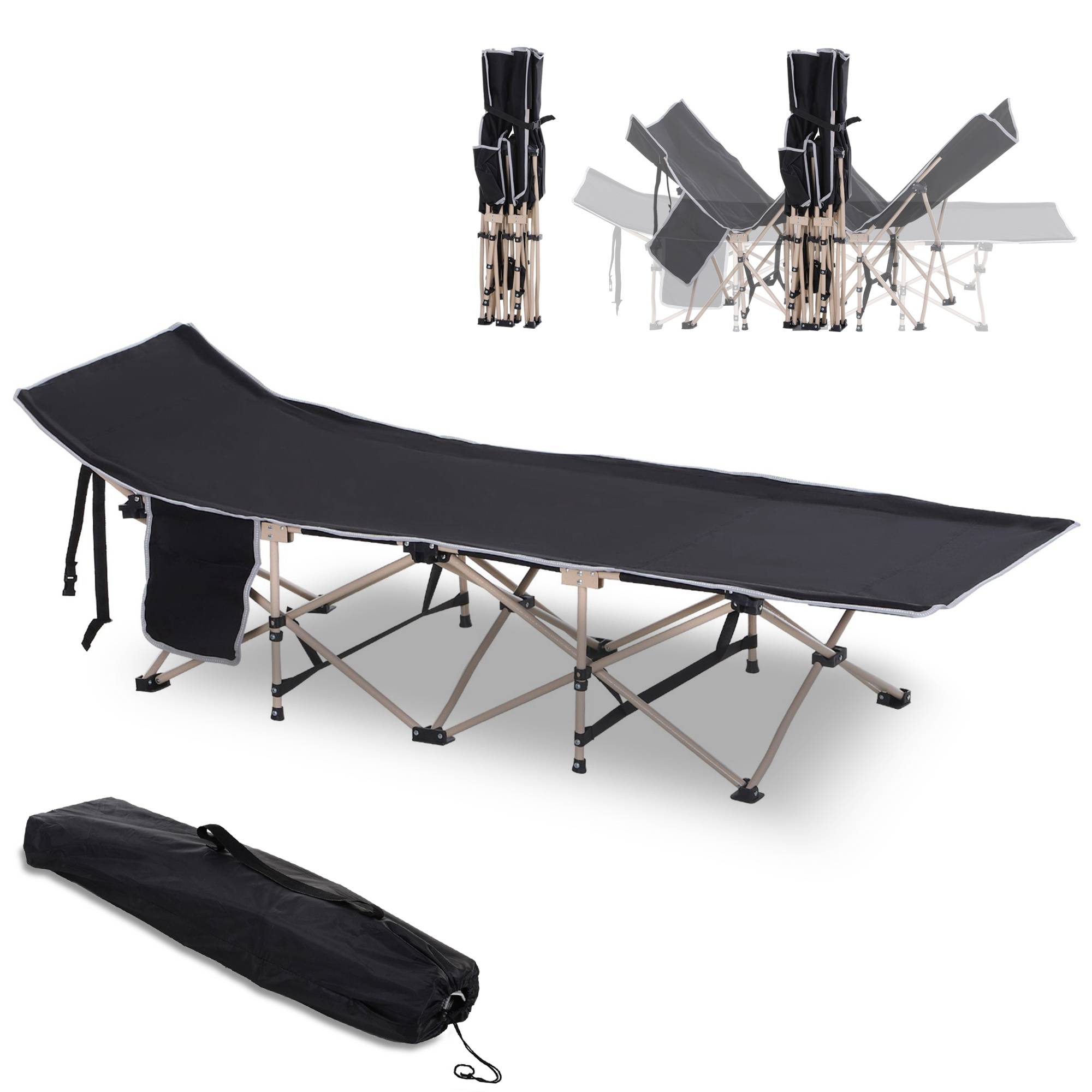 Lit de camp avec 1 poche latérale, sac de transport et cadre en acier, capacité de charge 150 kg, 190 x 68 x 52 cm, noir - Image 2