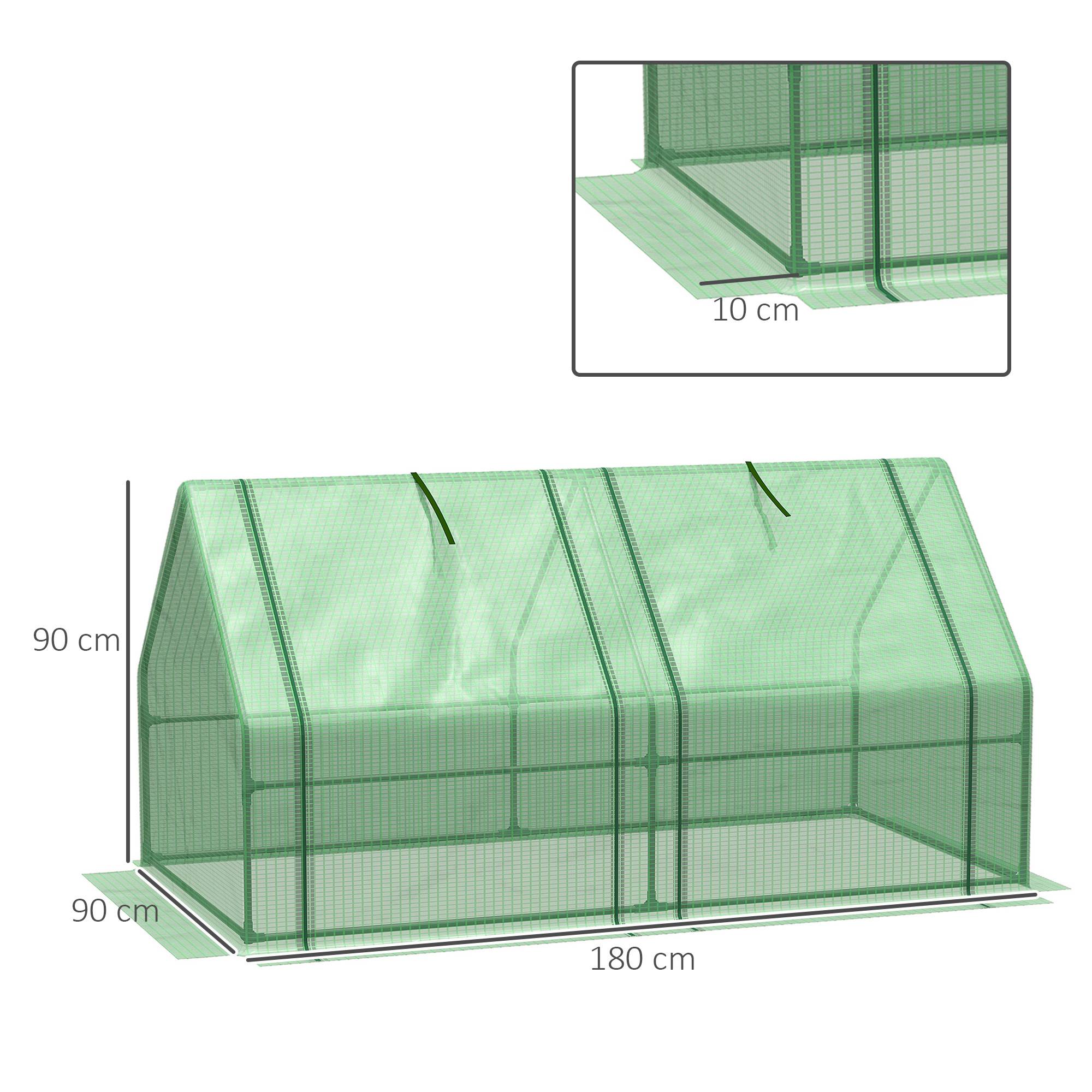 Mini Serre de Jardin mini serre tunnel 180L x 90l x 90H cm toit pointu Acier PE Haute densité 140 g/m² Anti-UV 2 fenêtres avec Zip enroulables Vert - Image 5