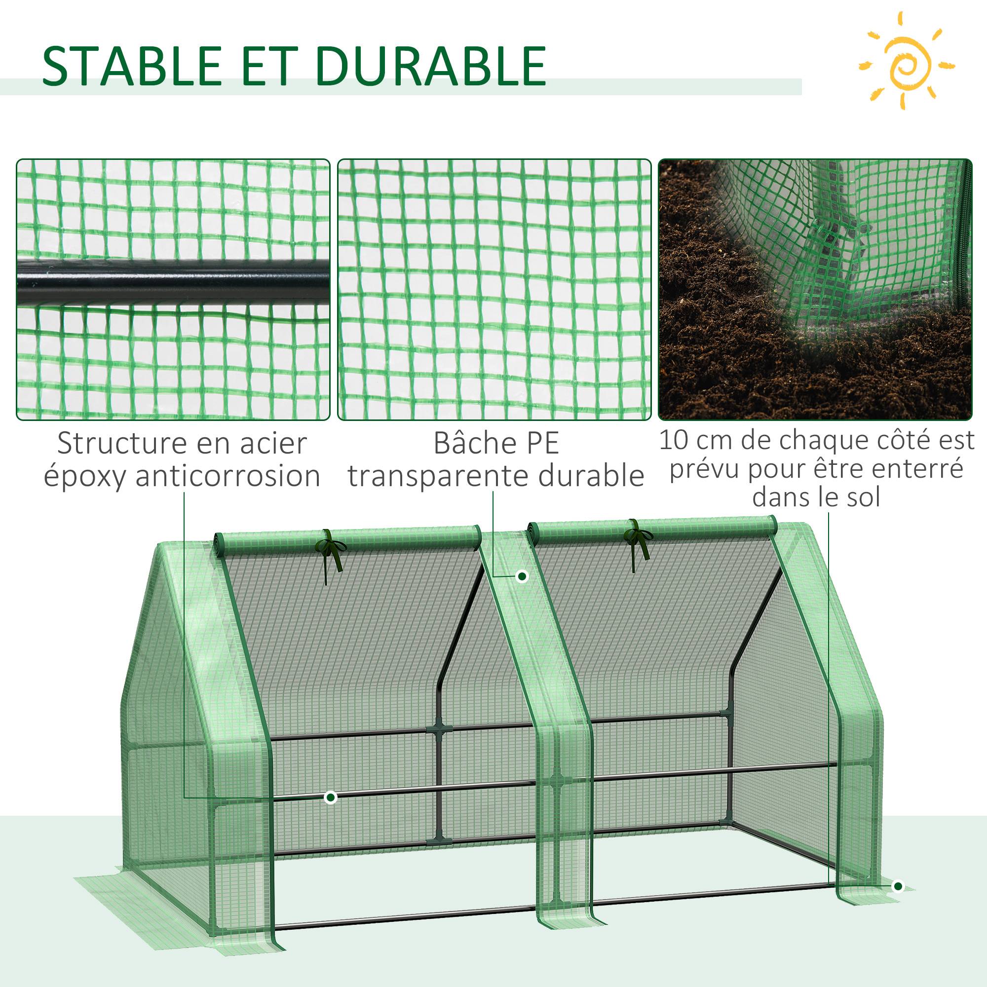 Mini Serre de Jardin mini serre tunnel 180L x 90l x 90H cm toit pointu Acier PE Haute densité 140 g/m² Anti-UV 2 fenêtres avec Zip enroulables Vert - Image 8