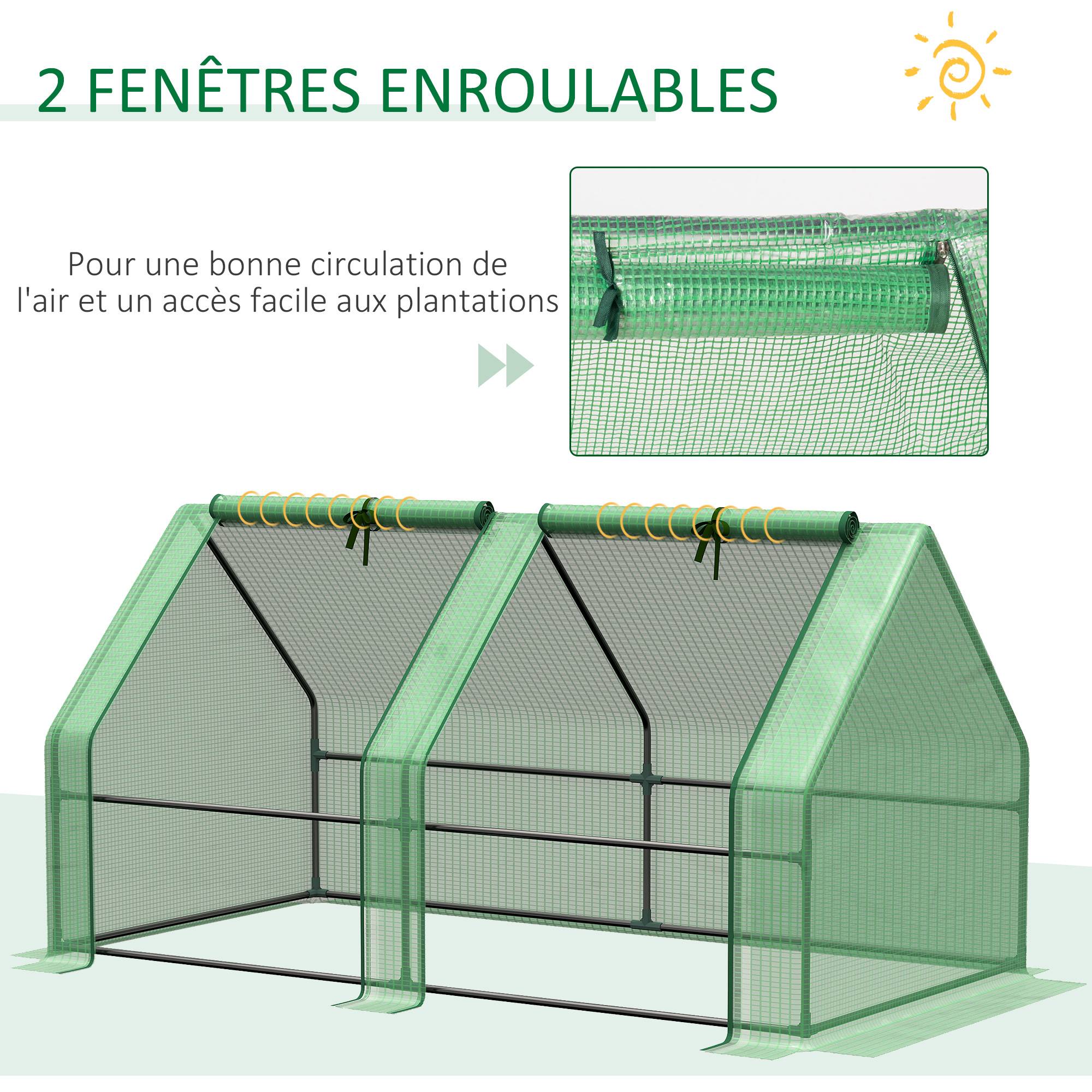 Mini Serre de Jardin mini serre tunnel 180L x 90l x 90H cm toit pointu Acier PE Haute densité 140 g/m² Anti-UV 2 fenêtres avec Zip enroulables Vert - Image 7