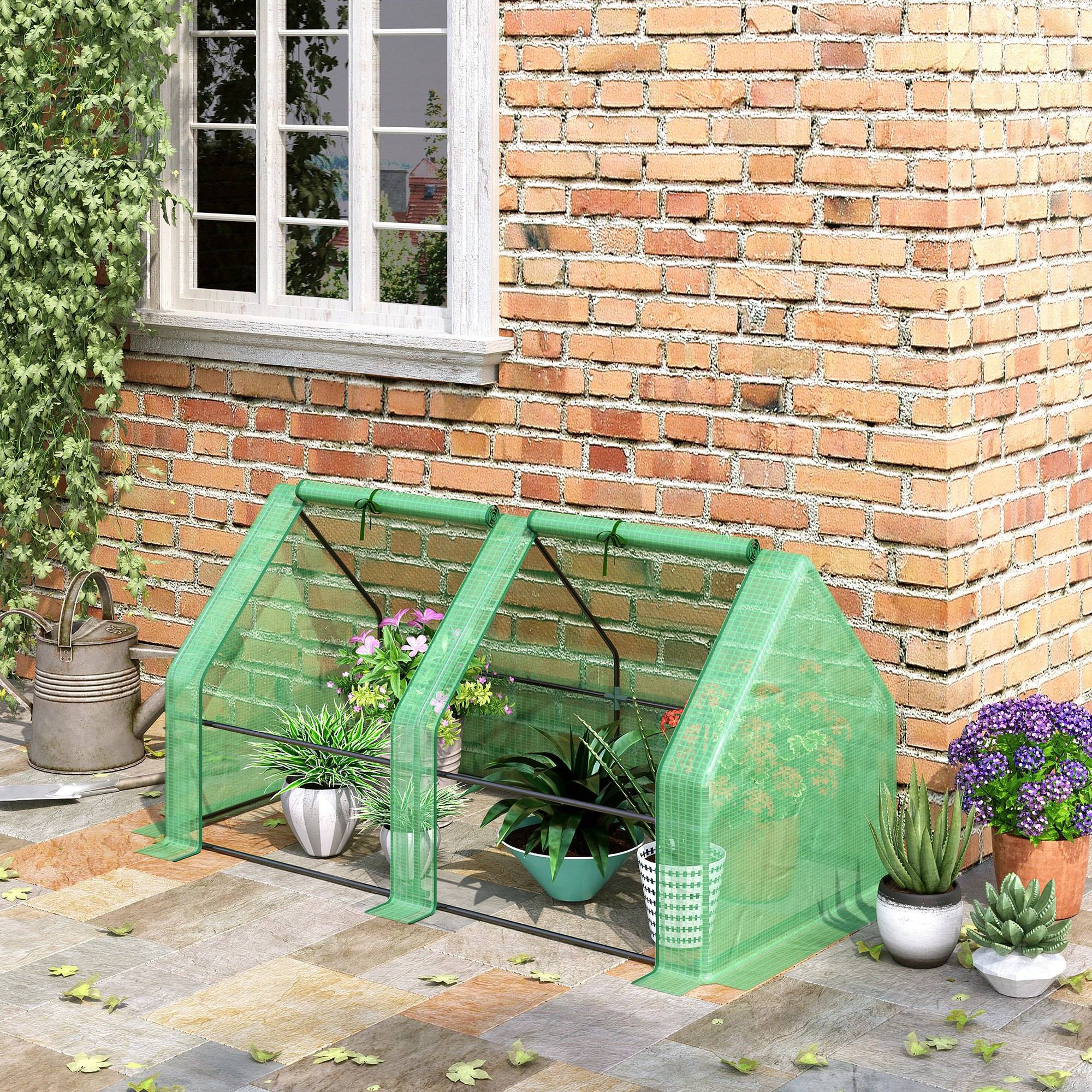 Mini Serre de Jardin mini serre tunnel 180L x 90l x 90H cm toit pointu Acier PE Haute densité 140 g/m² Anti-UV 2 fenêtres avec Zip enroulables Vert - Image 4