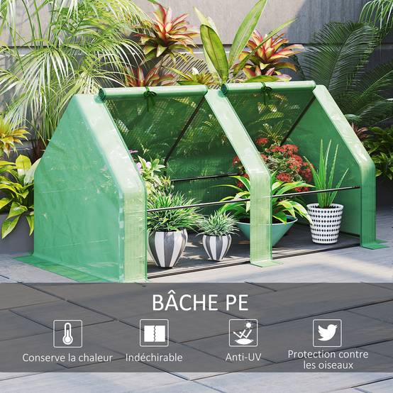 Mini Serre de Jardin mini serre tunnel 180L x 90l x 90H cm toit pointu Acier PE Haute densité 140 g/m² Anti-UV 2 fenêtres avec Zip enroulables Vert - Image 6