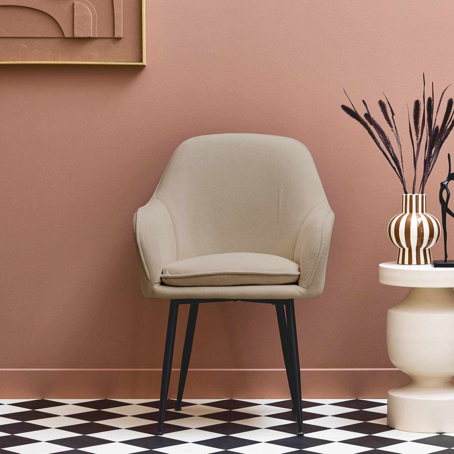 sweeek - Fauteuil en velours côtelé beige et pieds en métal noir mat. L 57 x P 59 x H 84.5 | sweeek