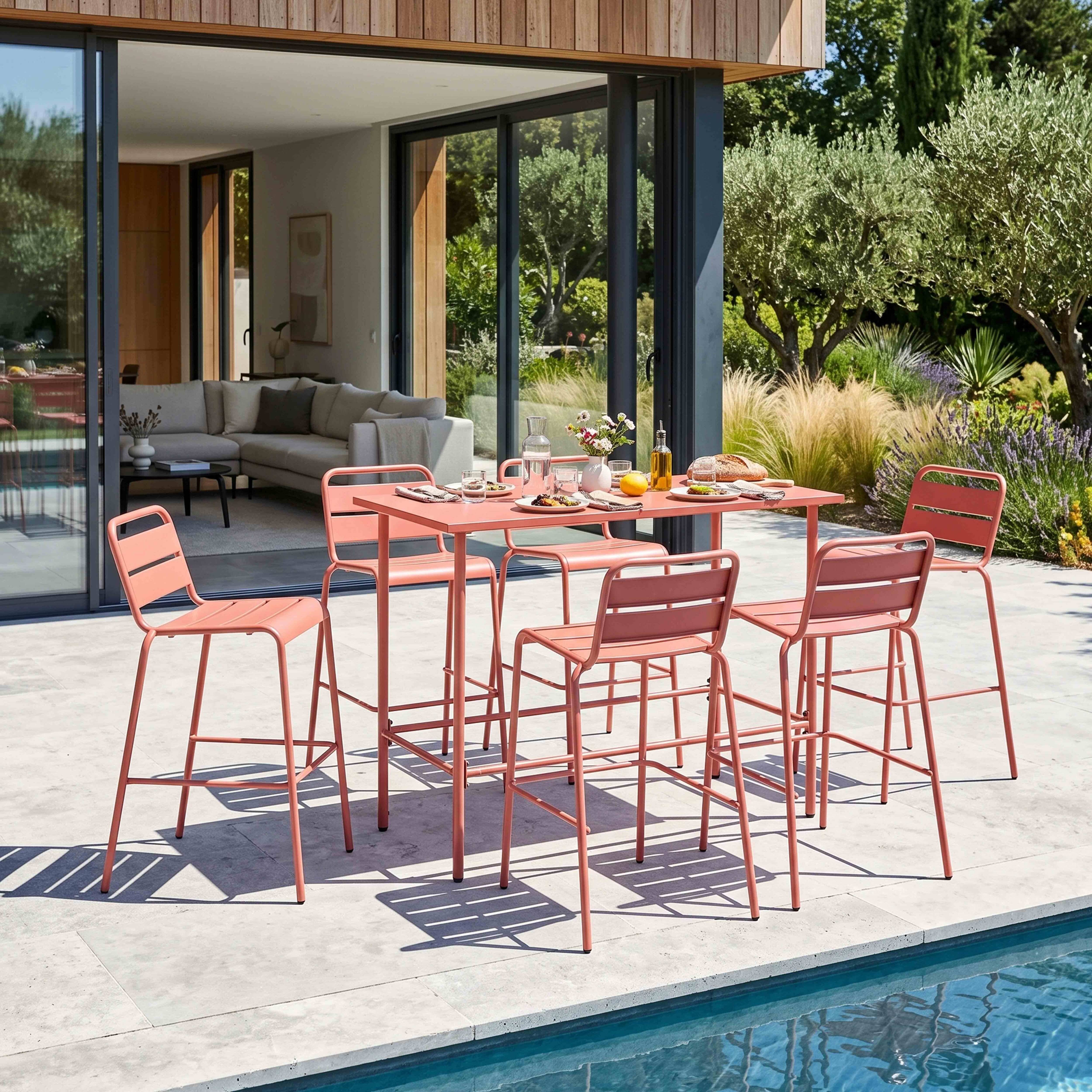 Oviala - Ensemble table haute de jardin et 6 chaises en métal argile Palavas - Oviala - Imagen 2
