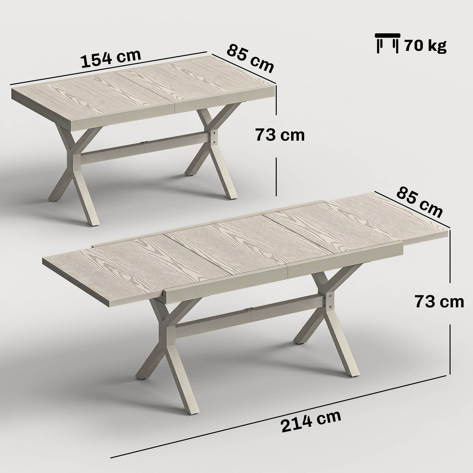 Table de jardin extensible 154/214 cm pour 8 à 10 personnes, en aluminium et acier avec plateau aspect bois gris - Image 5