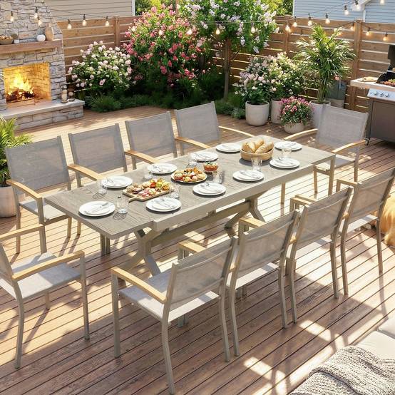 Table de jardin extensible 154/214 cm pour 8 à 10 personnes, en aluminium et acier avec plateau aspect bois gris - Image 10
