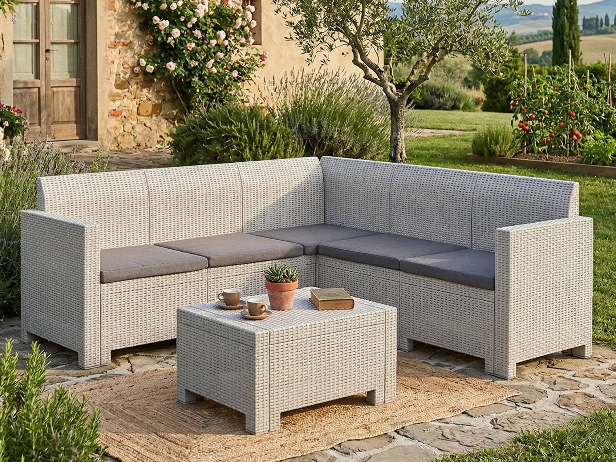 Dmora - Ensemble de salon d'extérieur Dcorre, Ensemble de jardin avec coussins, Ensemble de salon d'intérieur effet rotin, 100% Made in Italy, Blanc - Dmora - Imagen 7