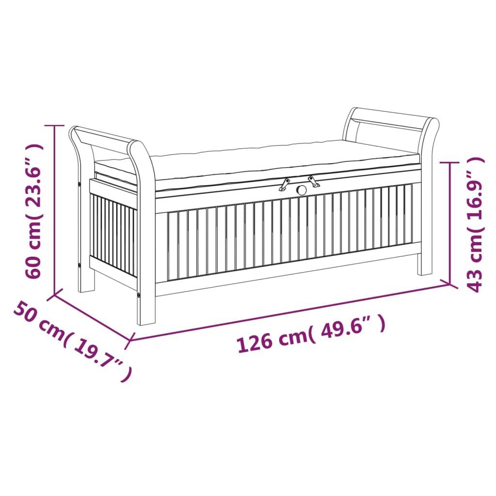 Helloshop26 - Banc de jardin meuble de patio d'extérieur terrasse de rangement de jardin avec coussin 126 x 50 x 60 cm bois d'acacia - Imagen 8