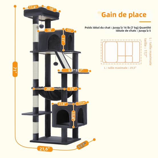 Arbre à Chat XXL 180 cm de Haut Gris Foncé PAWZ Road - Image 2
