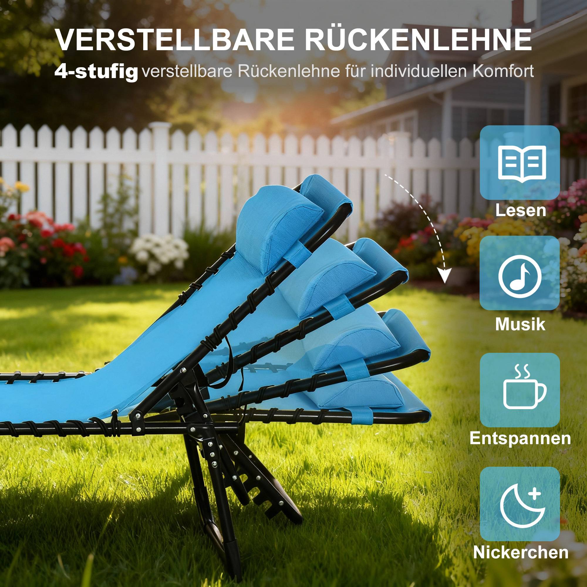 Transat soleil pliable tissu respirant cadre métallique 189×58×30cm bleu - Image 4