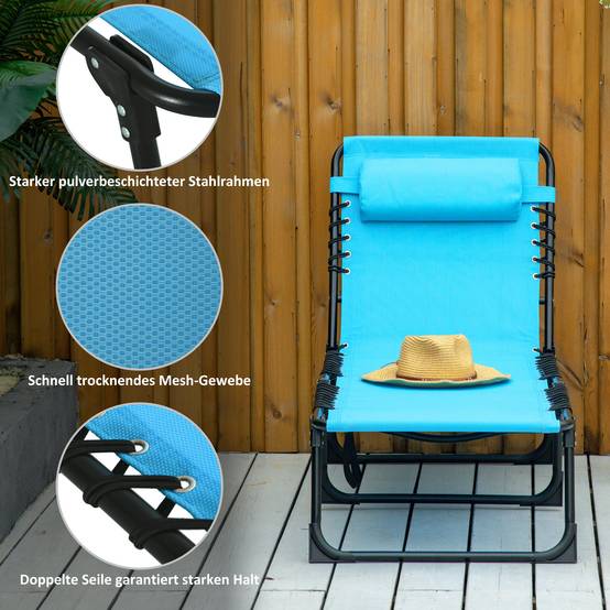 Transat soleil pliable tissu respirant cadre métallique 189×58×30cm bleu - Image 5
