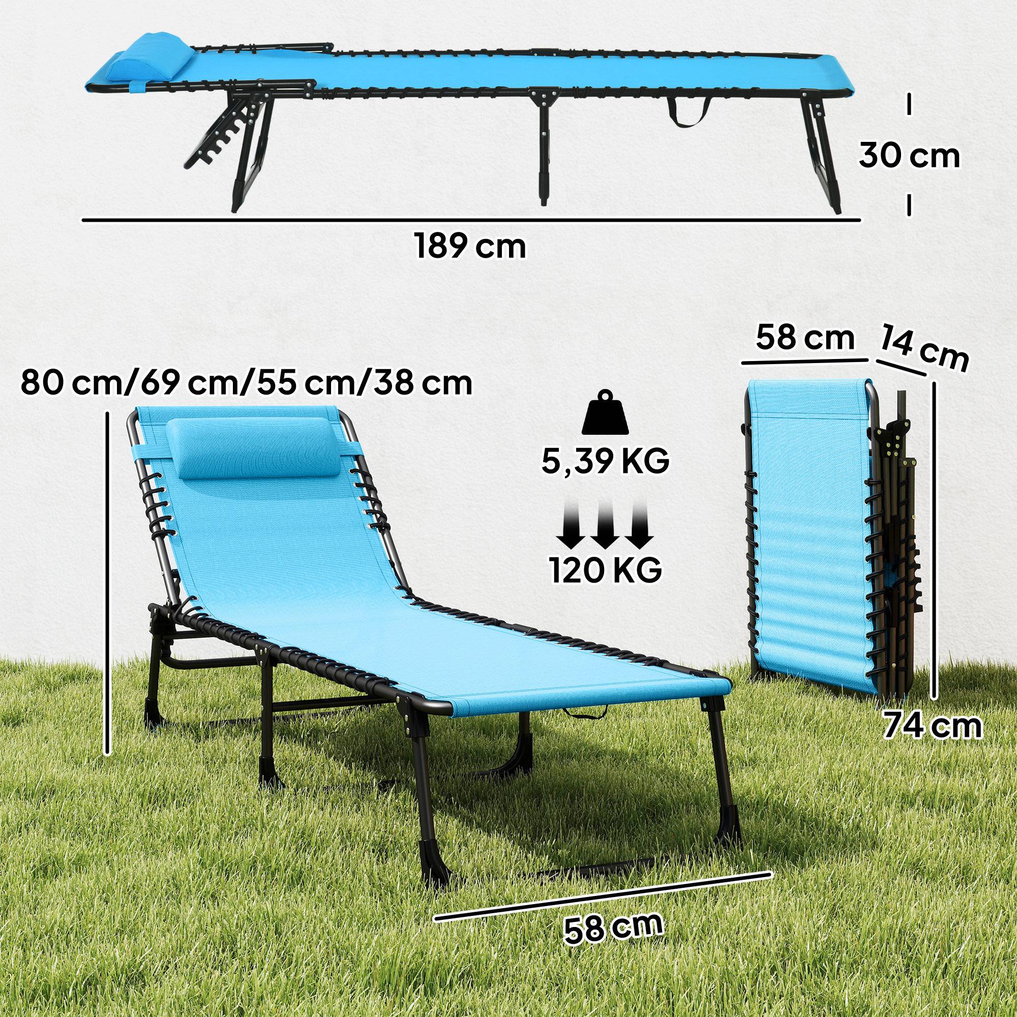 Transat soleil pliable tissu respirant cadre métallique 189×58×30cm bleu - Image 3