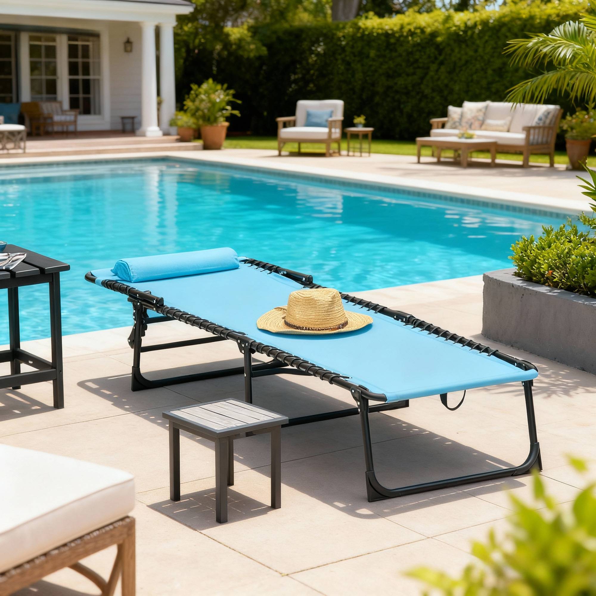 Transat soleil pliable tissu respirant cadre métallique 189×58×30cm bleu - Image 7