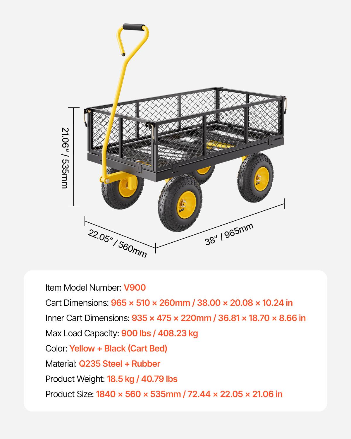 VEVOR Chariot jardin transport, charge 408 kg. Pneus 254 mm, côtes amovibles. - Image 7