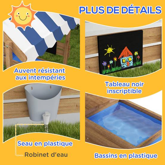 Bac à sable bois forme de maison pour enfant avec auvent 2 bacs évier tableau 124 x 116 x 146 cm noir - Image 9