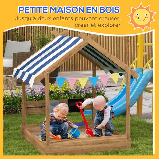Bac à sable bois forme de maison pour enfant avec auvent 2 bacs évier tableau 124 x 116 x 146 cm noir - Image 6