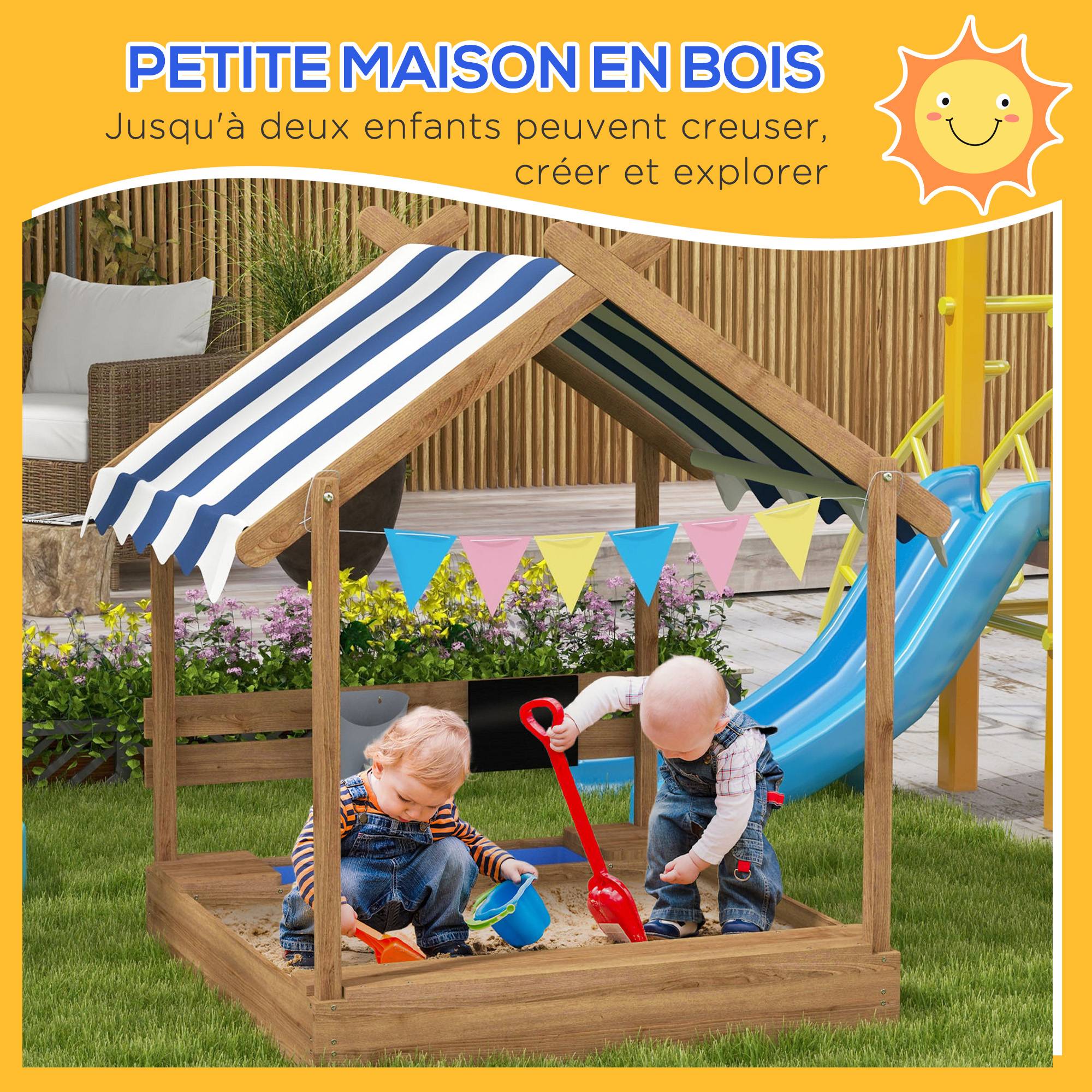Bac à sable bois forme de maison pour enfant avec auvent 2 bacs évier tableau 124 x 116 x 146 cm noir - Image 6