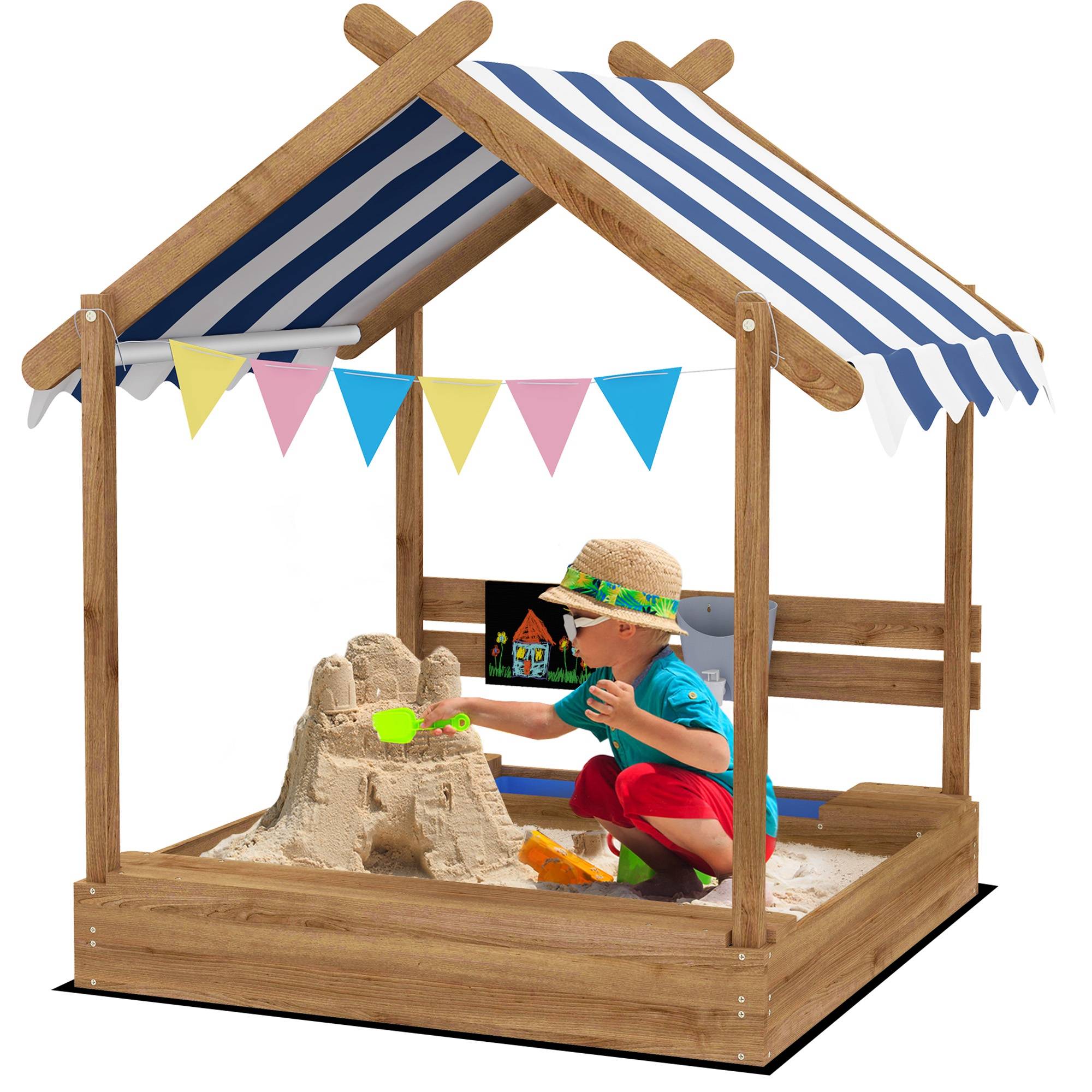 Bac à sable bois forme de maison pour enfant avec auvent 2 bacs évier tableau 124 x 116 x 146 cm noir - Image 1