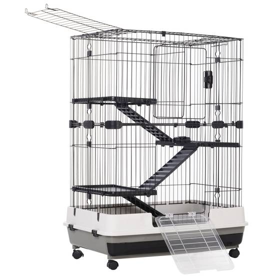Cage lapins furets métal à 3 niveaux sur roulettes avec plateau 81x53x114cm noir - ComfortXL Outdoor Living - Image 9