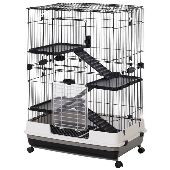 Cage lapins furets métal à 3 niveaux sur roulettes avec plateau 81x53x114cm noir - ComfortXL Outdoor Living - Image 2