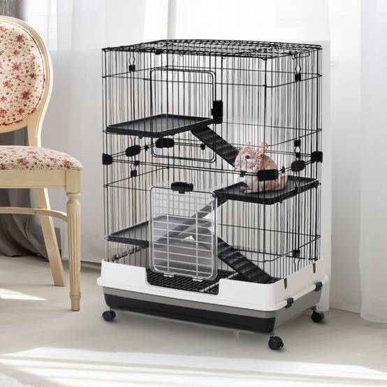 Cage lapins furets métal à 3 niveaux sur roulettes avec plateau 81x53x114cm noir - ComfortXL Outdoor Living - Image 4
