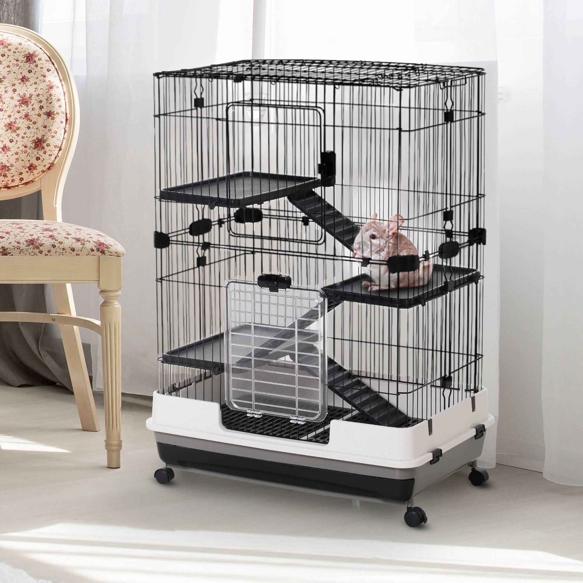 Cage lapins furets métal à 3 niveaux sur roulettes avec plateau 81x53x114cm noir - ComfortXL Outdoor Living - Image 4