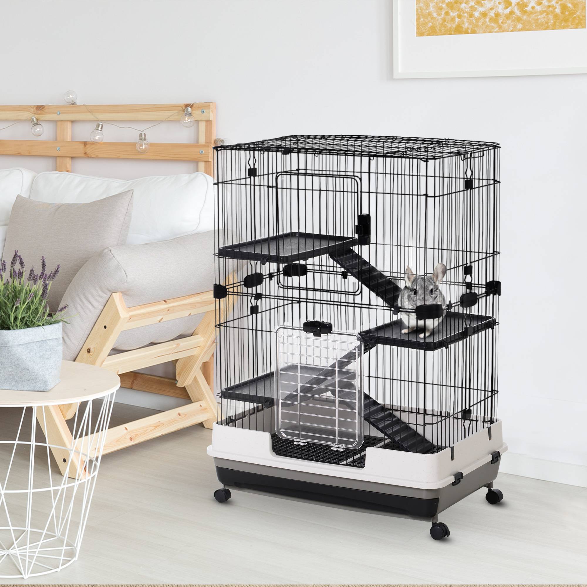 Cage lapins furets métal à 3 niveaux sur roulettes avec plateau 81x53x114cm noir - ComfortXL Outdoor Living - Image 3
