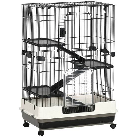 Cage lapins furets métal à 3 niveaux sur roulettes avec plateau 81x53x114cm noir - ComfortXL Outdoor Living - Image 1