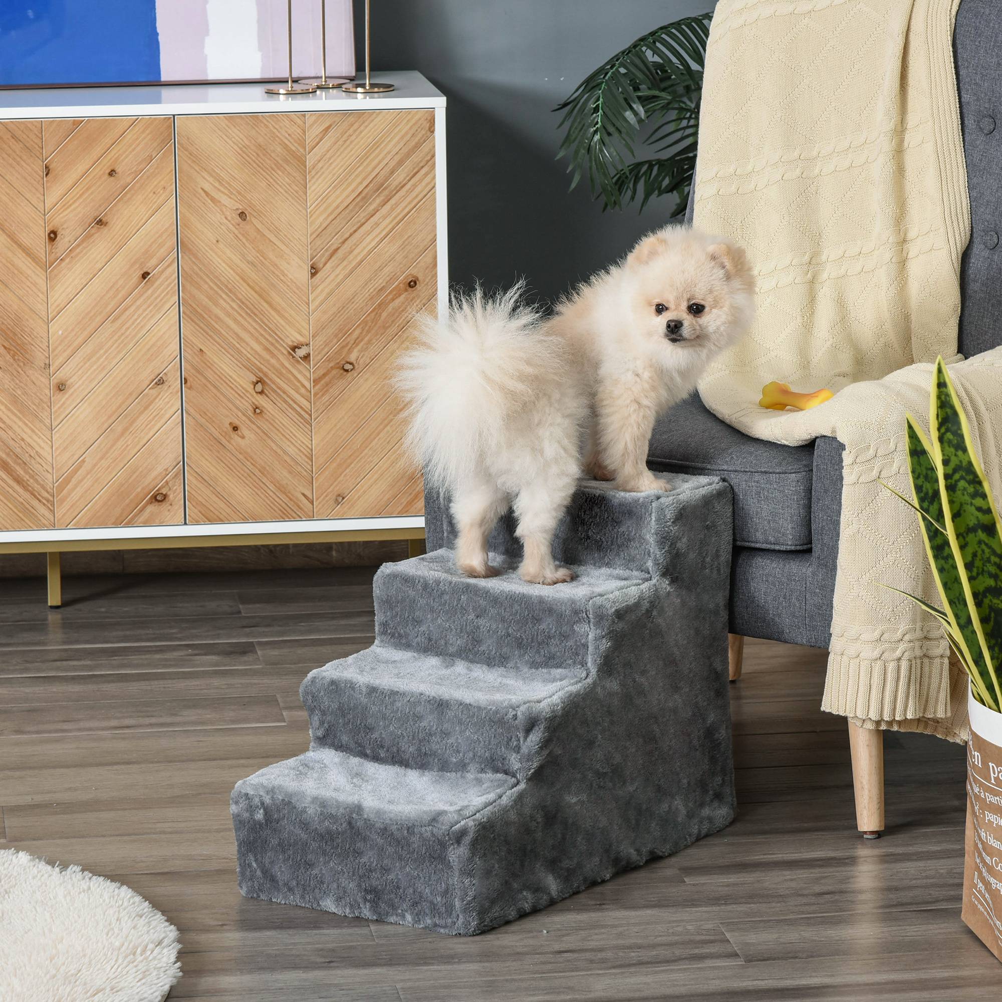 Escalier chien 4 marches 44 cm haut, petits chiens, rampe, housse lavable, lit, canapé, gris clair - Image 3