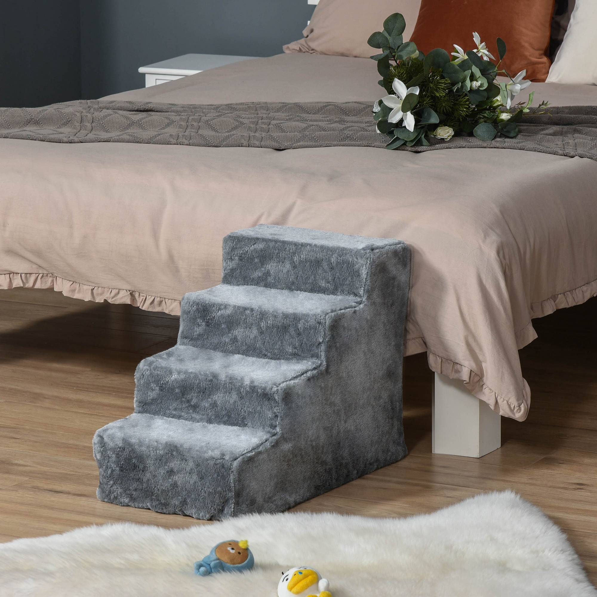 Escalier chien 4 marches 44 cm haut, petits chiens, rampe, housse lavable, lit, canapé, gris clair - Image 4