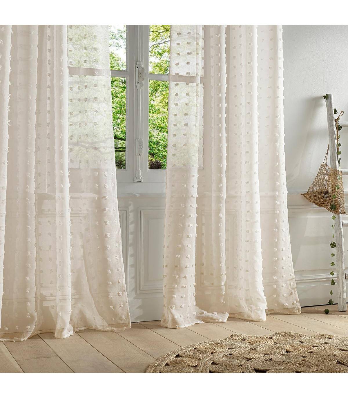 Voilage à œillets Beige motif petits pompons 140 x 240 cm - Image 4