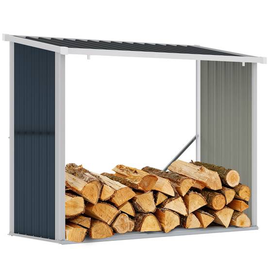 Abri à bûches en acier galvanisé avec toit incliné pour jardin, terrasse et extérieur, 185 x 84 x 133,5/148,5 cm, gris - Image 1