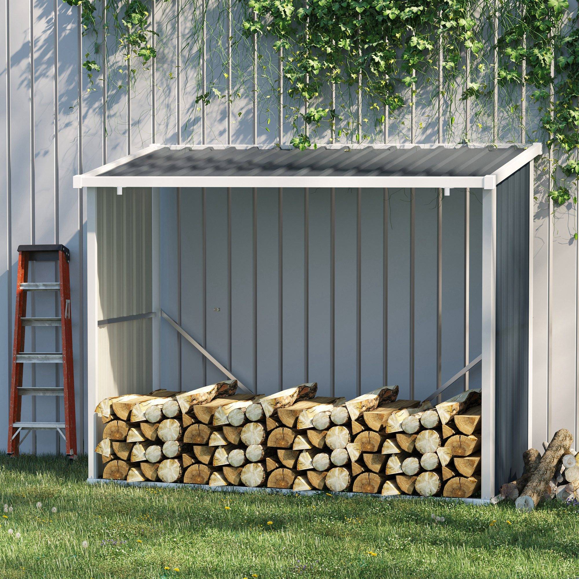 Abri à bûches en acier galvanisé avec toit incliné pour jardin, terrasse et extérieur, 185 x 84 x 133,5/148,5 cm, gris - Image 4