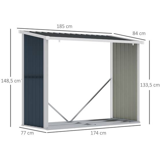 Abri à bûches en acier galvanisé avec toit incliné pour jardin, terrasse et extérieur, 185 x 84 x 133,5/148,5 cm, gris - Image 5