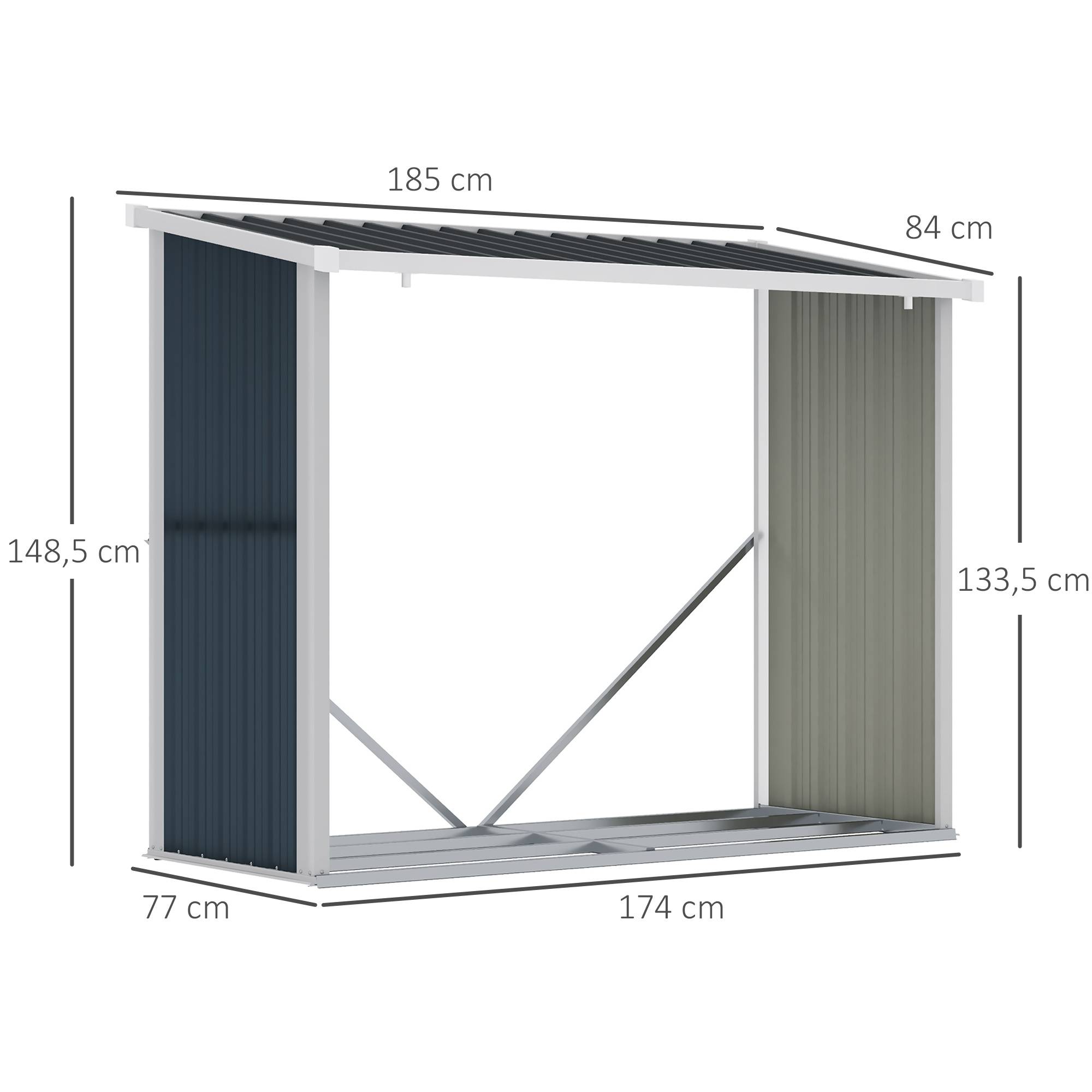 Abri à bûches en acier galvanisé avec toit incliné pour jardin, terrasse et extérieur, 185 x 84 x 133,5/148,5 cm, gris - Image 5