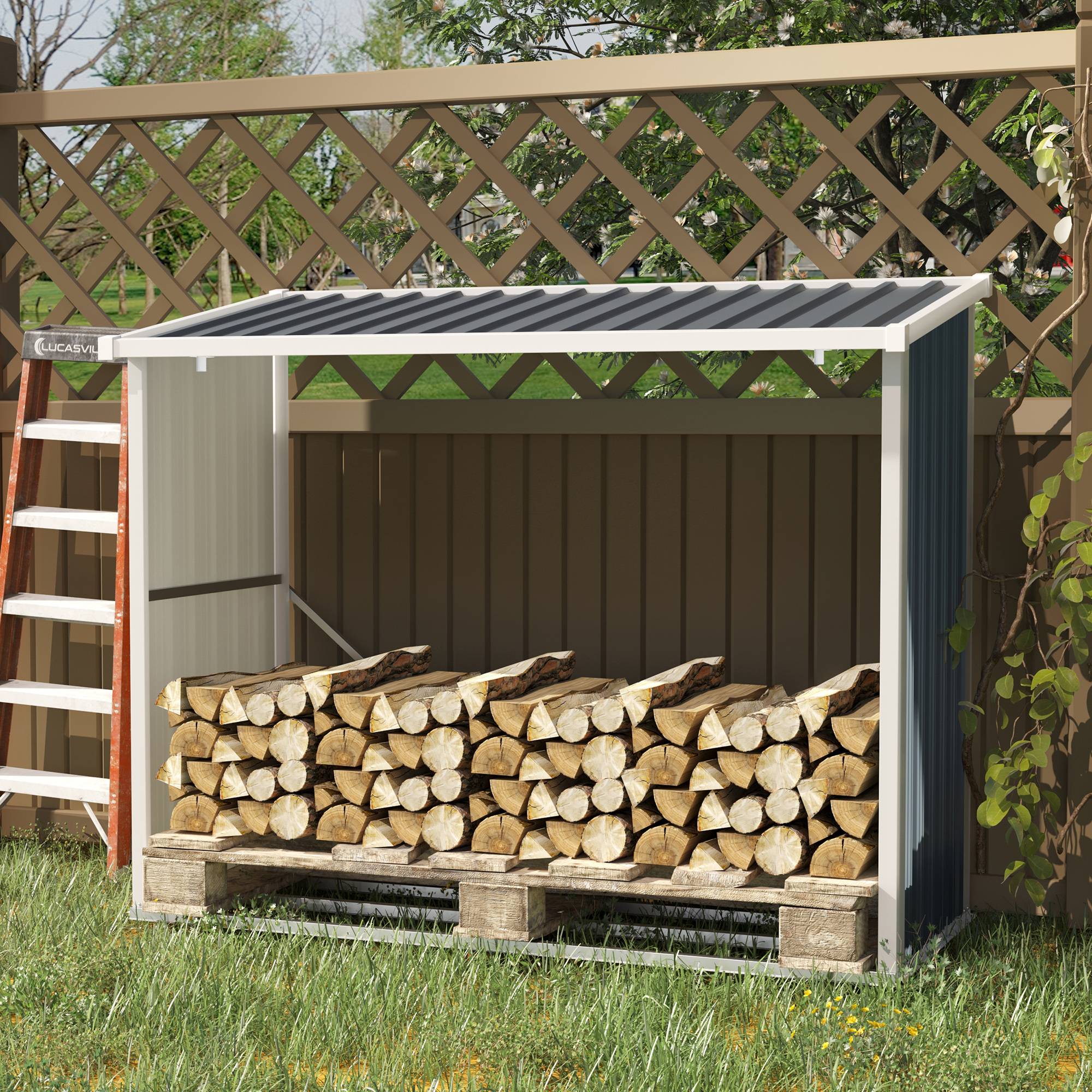 Abri à bûches en acier galvanisé avec toit incliné pour jardin, terrasse et extérieur, 185 x 84 x 133,5/148,5 cm, gris - Image 3