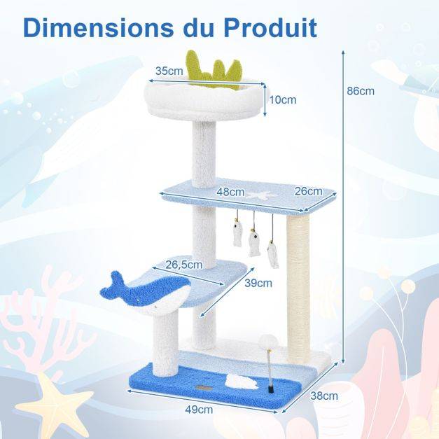 Helloshop26 - Arbre à chat sur le thème de l'océan centre d'activités à 3 niveaux avec griffoirs recouverts de sisal jouets suspendus pour chats d'intérieur bleu - Imagen 3
