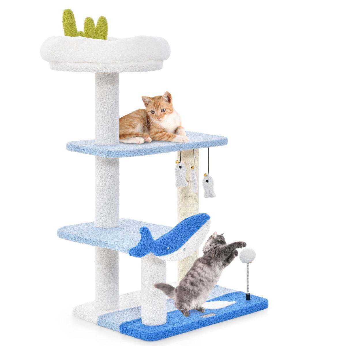 Helloshop26 - Arbre à chat sur le thème de l'océan centre d'activités à 3 niveaux avec griffoirs recouverts de sisal jouets suspendus pour chats d'intérieur bleu - Imagen 1