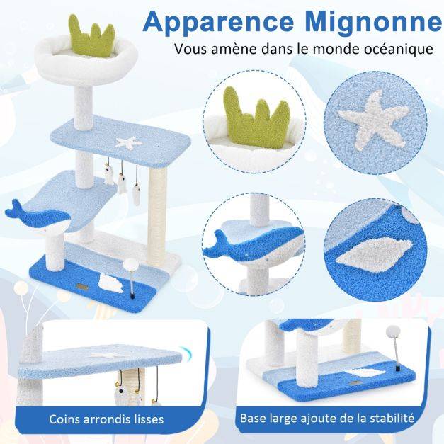 Helloshop26 - Arbre à chat sur le thème de l'océan centre d'activités à 3 niveaux avec griffoirs recouverts de sisal jouets suspendus pour chats d'intérieur bleu - Imagen 2