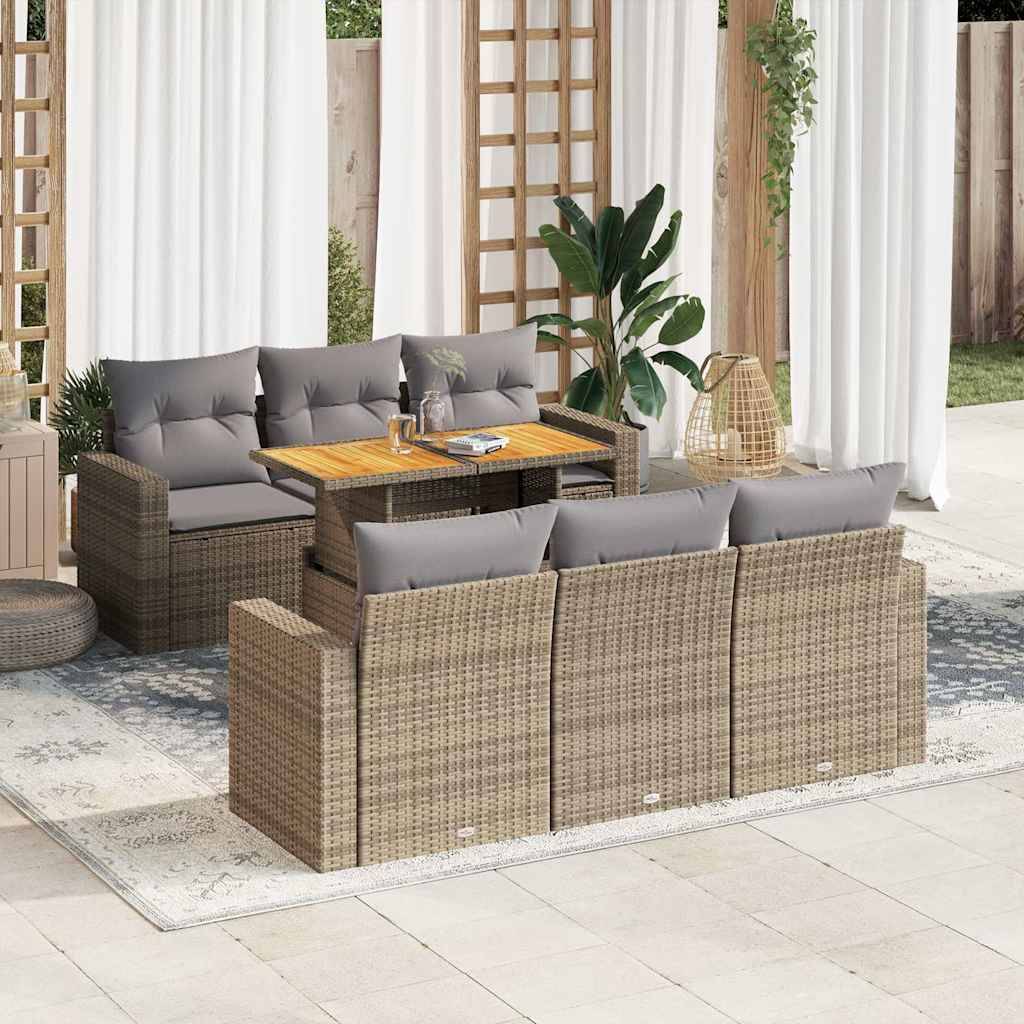 Salon de jardin 7 places beige avec accoudoirs résine tressée et bois table ajustable – ComfortXL Outdoor Living - Image 1