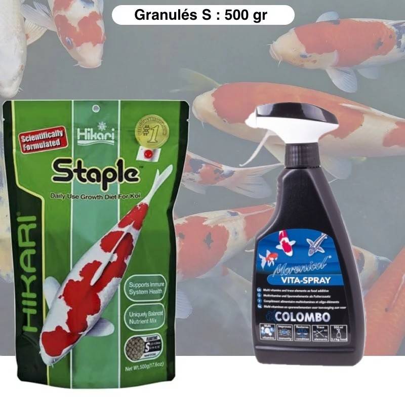 Pack Granulés Premium Croissance 500 g + Spray Vitaminé – Petits Poissons de Bassin