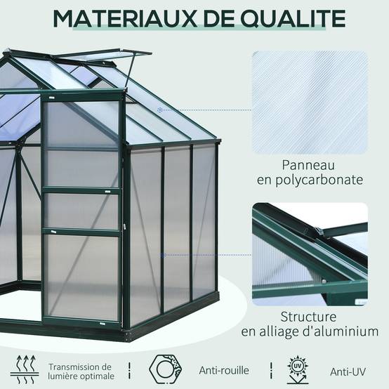 Serre de jardin Polycarbonate 3,6m² Aluminium avec base et gouttière 190x192x201cm Vert Foncé - ComfortXL Outdoor Living - Image 7
