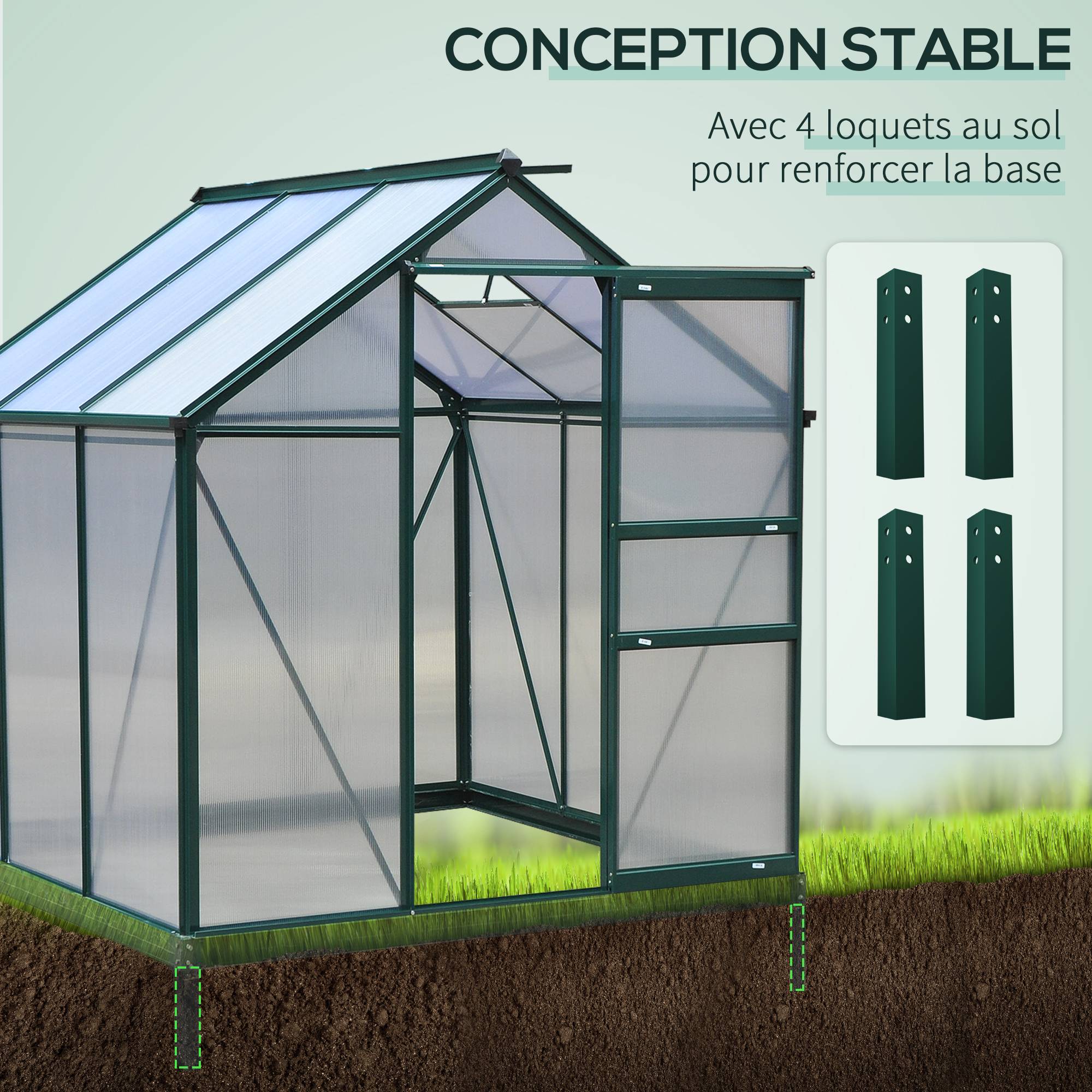 Serre de jardin Polycarbonate 3,6m² Aluminium avec base et gouttière 190x192x201cm Vert Foncé - ComfortXL Outdoor Living - Image 8