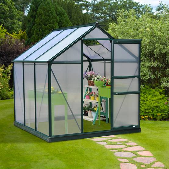 Serre de jardin Polycarbonate 3,6m² Aluminium avec base et gouttière 190x192x201cm Vert Foncé - ComfortXL Outdoor Living - Image 3